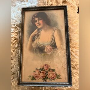Antique Victorian Woman & Roses framed in old wood frame
